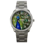 Peacock Close Up Plumage Bird Head Sport Metal Watch Front