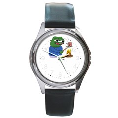 Apu Apustaja Roasting A Snail On A Campfire Pepe The Frog Pepethefrog The Helper Kekistan Round Metal Watch by snek