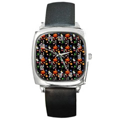 Halloween Treats Pattern Black Square Metal Watch by snowwhitegirl