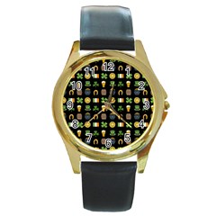 St Patricks Day Pattern Round Gold Metal Watch by Valentinaart