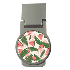 Tropical Watermelon Leaves Pink And Green Jungle Leaves Retro Hawaiian Style Money Clips (round)  by genx