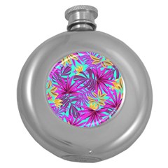 Tropical Greens Pink Leaves Round Hip Flask (5 Oz) by HermanTelo