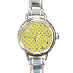 Modern Blue Flowers  On Yellow Round Italian Charm Watch by BrightVibesDesign