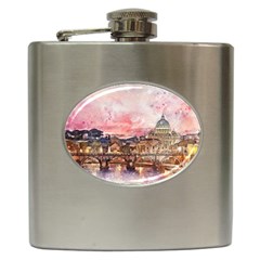 City Buildings Bridge Water River Hip Flask (6 Oz) by Pakrebo