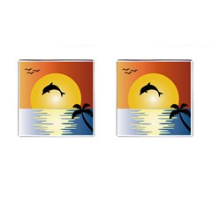 Ocean Sunset Dolphin Palm Tree Cufflinks (square) by Simbadda