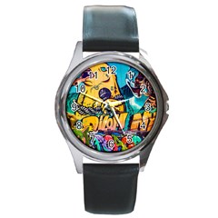 Graffiti Street Art Mountains Wall Round Metal Watch by Simbadda