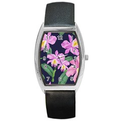 Vector Hand Drawn Orchid Flower Pattern Barrel Style Metal Watch by Sobalvarro