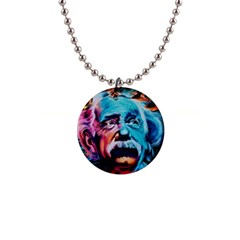 Albert Einstein Retro Wall Graffiti Blue Pink Orange Modern Urban Art Grunge 1  Button Necklace by genx