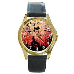 Funny Halloween Design, Cat, Pumpkin And Witch Round Gold Metal Watch by FantasyWorld7