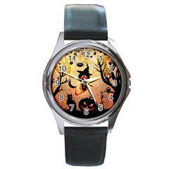 Funny Halloween Design, Pumpkin, Cat, Owl And Crow Round Metal Watch by FantasyWorld7