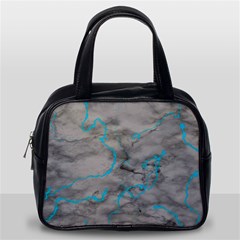 Marble Light Gray With Bright Cyan Blue Veins Texture Floor Background Retro Neon 80s Style Neon Colors Print Luxuous Real Marble Classic Handbag (one Side) by genx