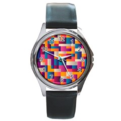 Abstract Geometry Blocks Round Metal Watch by Bajindul