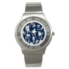 White Robot Blue Seamless Pattern Stainless Steel Watch by Vaneshart