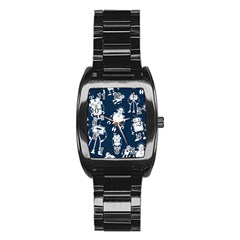 White Robot Blue Seamless Pattern Stainless Steel Barrel Watch by Vaneshart