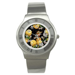 Embroidery Blossoming Lemons Butterfly Seamless Pattern Stainless Steel Watch by BangZart