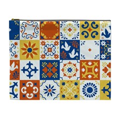 Mexican Talavera Pattern Ceramic Tiles With Flower Leaves Bird Ornaments Traditional Majolica Style Cosmetic Bag (xl)