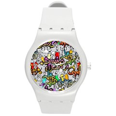 Hip Hop Background Round Plastic Sport Watch (m) by Amaryn4rt