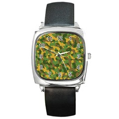 Yellow Green Brown Camouflage Square Metal Watch by SpinnyChairDesigns