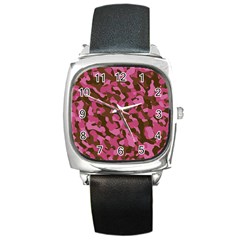 Pink And Brown Camouflage Square Metal Watch by SpinnyChairDesigns