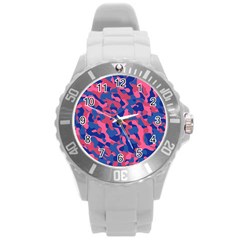 Blue And Pink Camouflage Pattern Round Plastic Sport Watch (l) by SpinnyChairDesigns