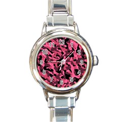 Black And Pink Camouflage Pattern Round Italian Charm Watch by SpinnyChairDesigns