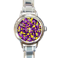 Purple And Yellow Camouflage Pattern Round Italian Charm Watch by SpinnyChairDesigns