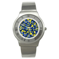 Blue And Yellow Camouflage Pattern Stainless Steel Watch by SpinnyChairDesigns