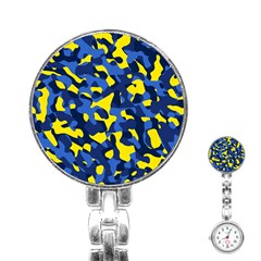 Blue And Yellow Camouflage Pattern Stainless Steel Nurses Watch by SpinnyChairDesigns