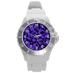 Purple Black Camouflage Pattern Round Plastic Sport Watch (l) by SpinnyChairDesigns