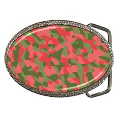 Pink And Green Camouflage Pattern Belt Buckles by SpinnyChairDesigns