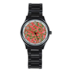 Pink And Green Camouflage Pattern Stainless Steel Round Watch by SpinnyChairDesigns