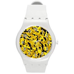 Black And Yellow Camouflage Pattern Round Plastic Sport Watch (m) by SpinnyChairDesigns