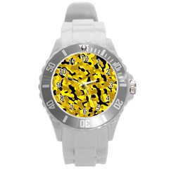 Black And Yellow Camouflage Pattern Round Plastic Sport Watch (l) by SpinnyChairDesigns