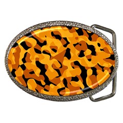 Orange And Black Camouflage Pattern Belt Buckles by SpinnyChairDesigns