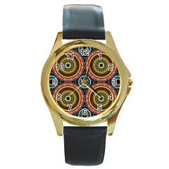 Aztec Multicolor Mandala Round Gold Metal Watch by tmsartbazaar