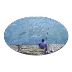 Senior Man Fishing At River, Montevideo, Uruguay001 Oval Magnet by dflcprintsclothing