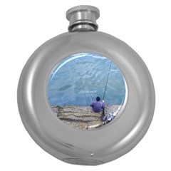 Senior Man Fishing At River, Montevideo, Uruguay001 Round Hip Flask (5 Oz) by dflcprintsclothing