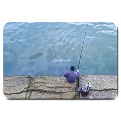 Senior Man Fishing At River, Montevideo, Uruguay001 Large Doormat  by dflcprintsclothing