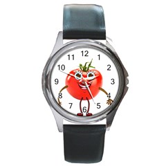 Tomato Round Leather Watch (silver Rim) by smilebuddesigns