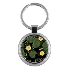 Tropical Vintage Yellow Hibiscus Floral Green Leaves Seamless Pattern Black Background  Key Chain (round) by Sobalvarro