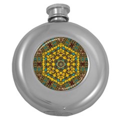 Mandala Faux Artificial Leather Among Spring Flowers Round Hip Flask (5 Oz) by pepitasart