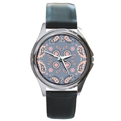 Floral Folk Damask Pattern Fantasy Flowers Floral Geometric Fantasy Round Metal Watch by Eskimos