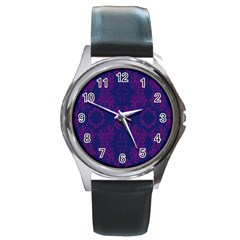 Floral Folk Damask Pattern Fantasy Flowers  Round Metal Watch by Eskimos