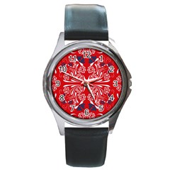 Floral Folk Damask Pattern Fantasy Flowers  Round Metal Watch by Eskimos