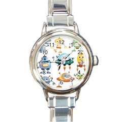 Vector-set-funny-robots-cartoon Round Italian Charm Watch by Jancukart