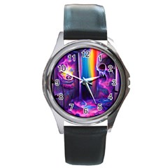 Purple Drawing Digital Art Round Metal Watch by Amaryn4rt