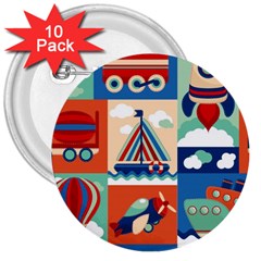 Toy Transport Cartoon Seamless-pattern-with-airplane-aerostat-sail Yacht Vector Illustration 3  Buttons (10 Pack)  by Jancukart