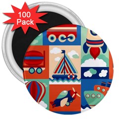 Toy Transport Cartoon Seamless-pattern-with-airplane-aerostat-sail Yacht Vector Illustration 3  Magnets (100 Pack) by Jancukart