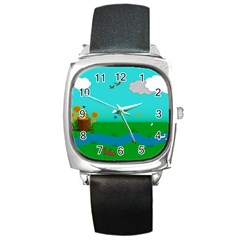 Frog Log Stream River Wallpaper Square Metal Watch by Ravend