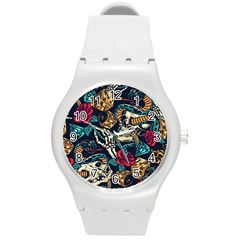 Vintage Art Tattoos Colorful Seamless Pattern Round Plastic Sport Watch (m) by Ravend